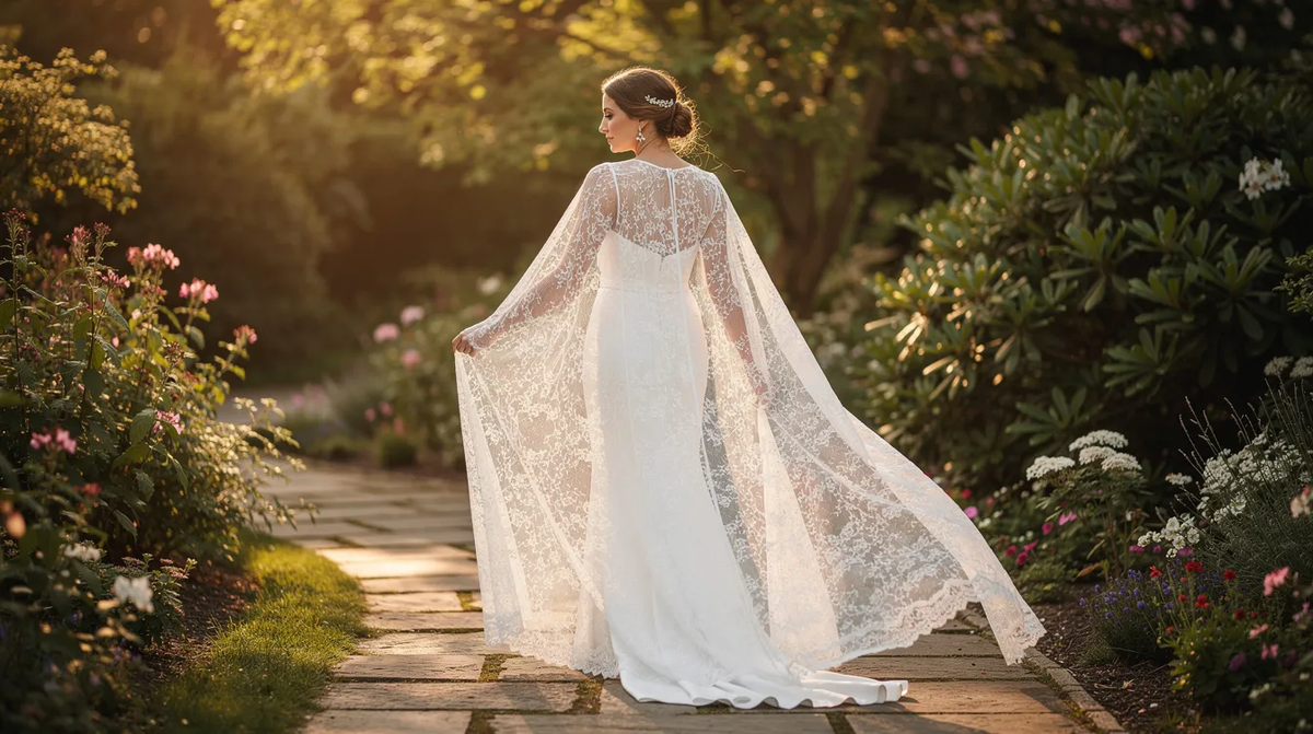 A bride gracefully walks along a garden path, adorned in a simple white gown complemented by a sheer lace cape, showcasing her elegant bridal look. The setting enhances her beauty, making this moment a perfect capture of her special day.