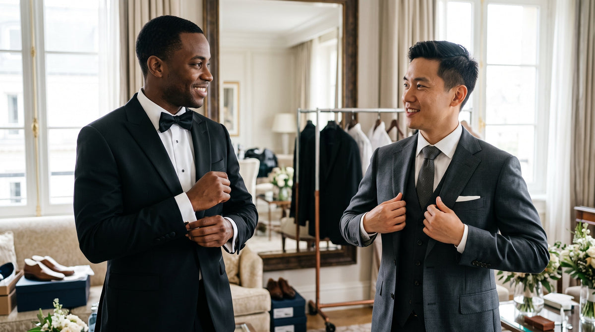 Two men dress for a wedding inside a room, one wearing a classic black tuxedo and the other a three-piece charcoal suit.