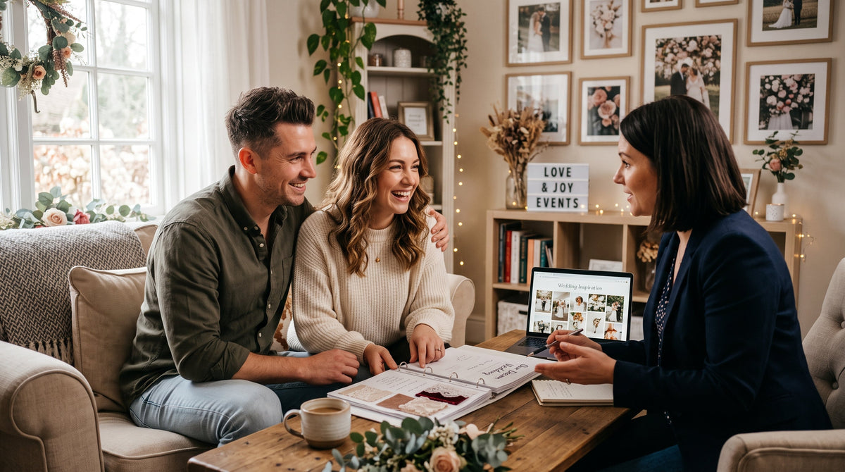 a couple excitedly planning their wedding