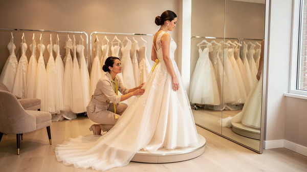 A seamstress adjusts an elegant white gown on a bride standing in a bright bridal boutique in front of a mirror.