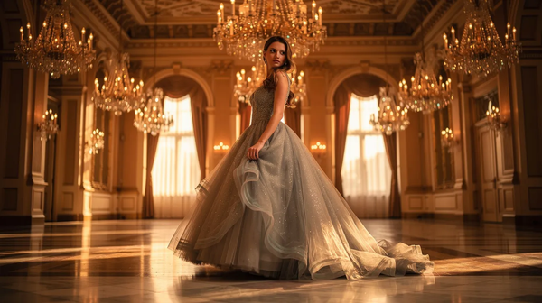 A young woman in a glamorous ball gown celebrates her quinceañera in an elegant, chandelier-lit ballroom.