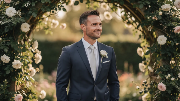 A smiling groom in a sharp navy suit and silver tie stands framed by a blooming white rose arch in an outdoor garden.