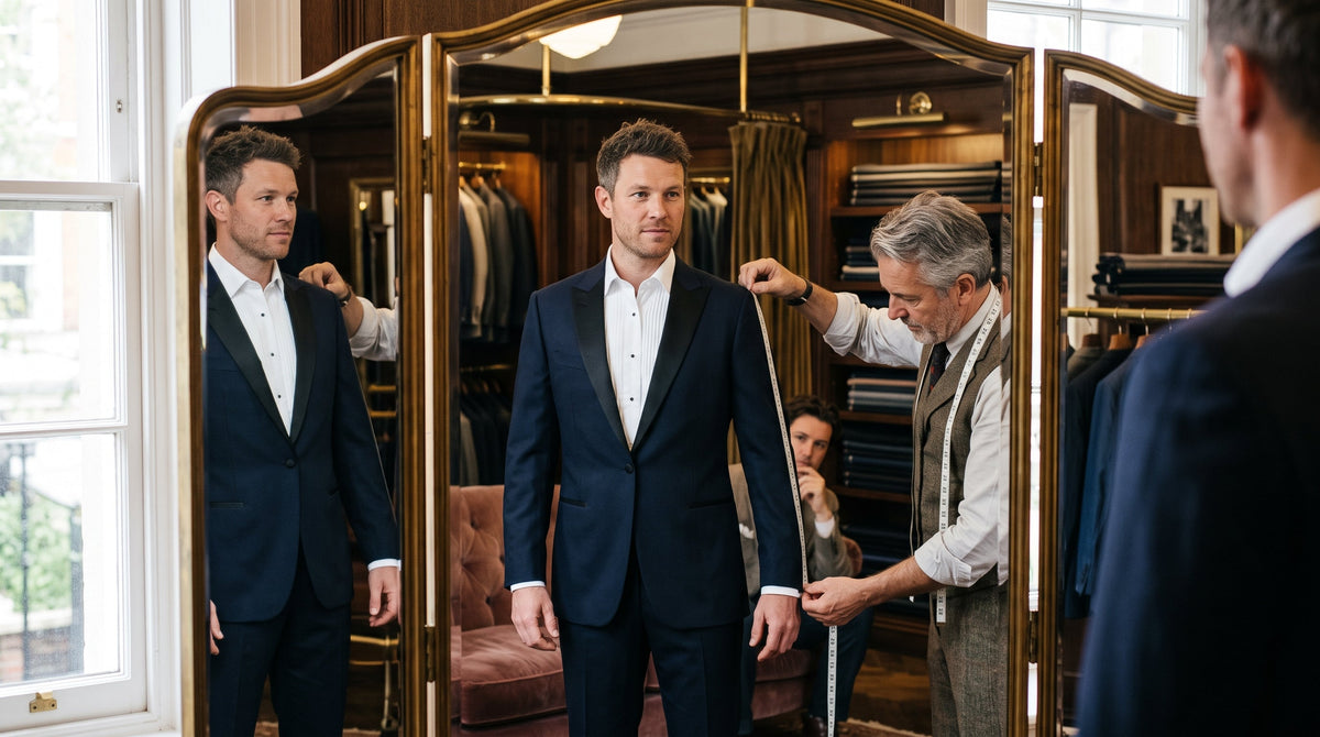 A tailor measures a man trying on a navy blue tuxedo jacket in front of a three-way mirror inside a luxury shop.