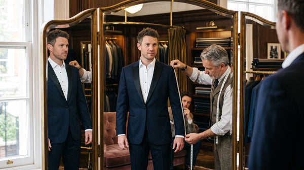 A tailor measures a man trying on a navy blue tuxedo jacket in front of a three-way mirror inside a luxury shop.