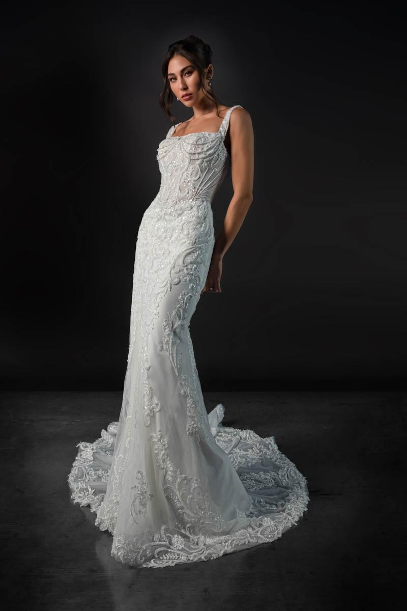 martina liana bridesmaid dresses Bohemian Lace Fit-and-Flare Wedding Dress with Detachable Bell Sleeves