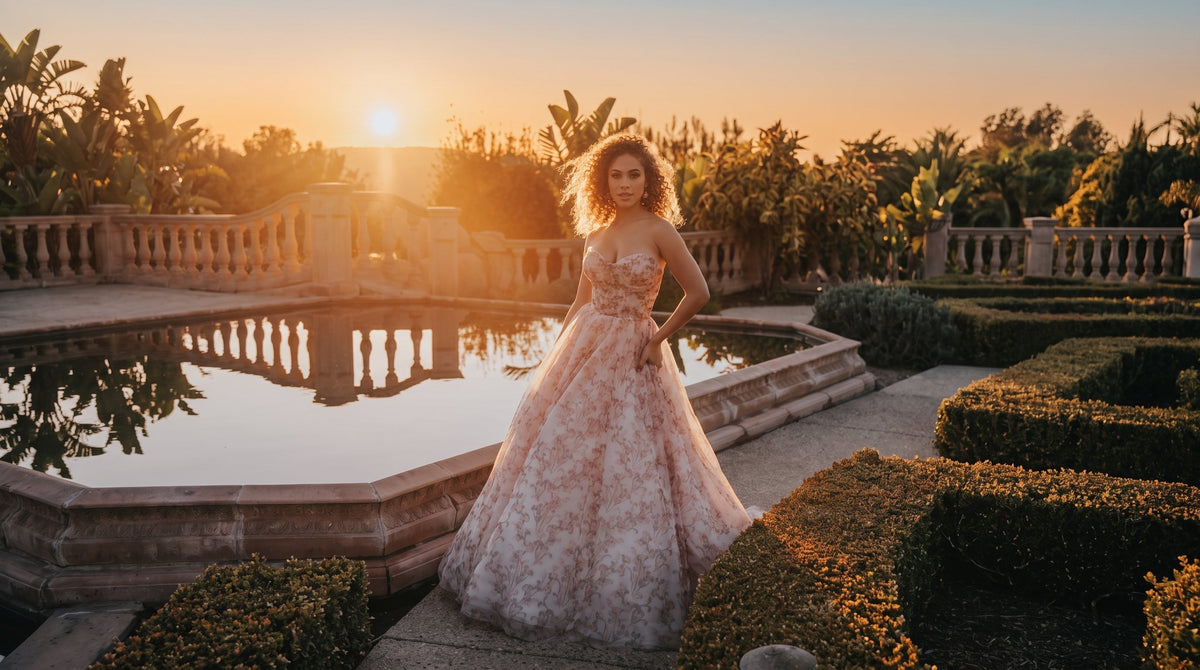 A curly-haired woman poses outdoors at sunset wearing a strapless, floral-patterned ball gown.