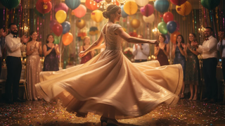 A young woman twirls in a flowing beige dress on a confetti-covered dance floor while guests applaud.