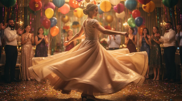 A young woman twirls in a flowing beige dress on a confetti-covered dance floor while guests applaud.