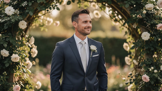 A smiling groom in a sharp navy suit and silver tie stands framed by a blooming white rose arch in an outdoor garden.