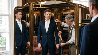 A tailor measures a man trying on a navy blue tuxedo jacket in front of a three-way mirror inside a luxury shop.