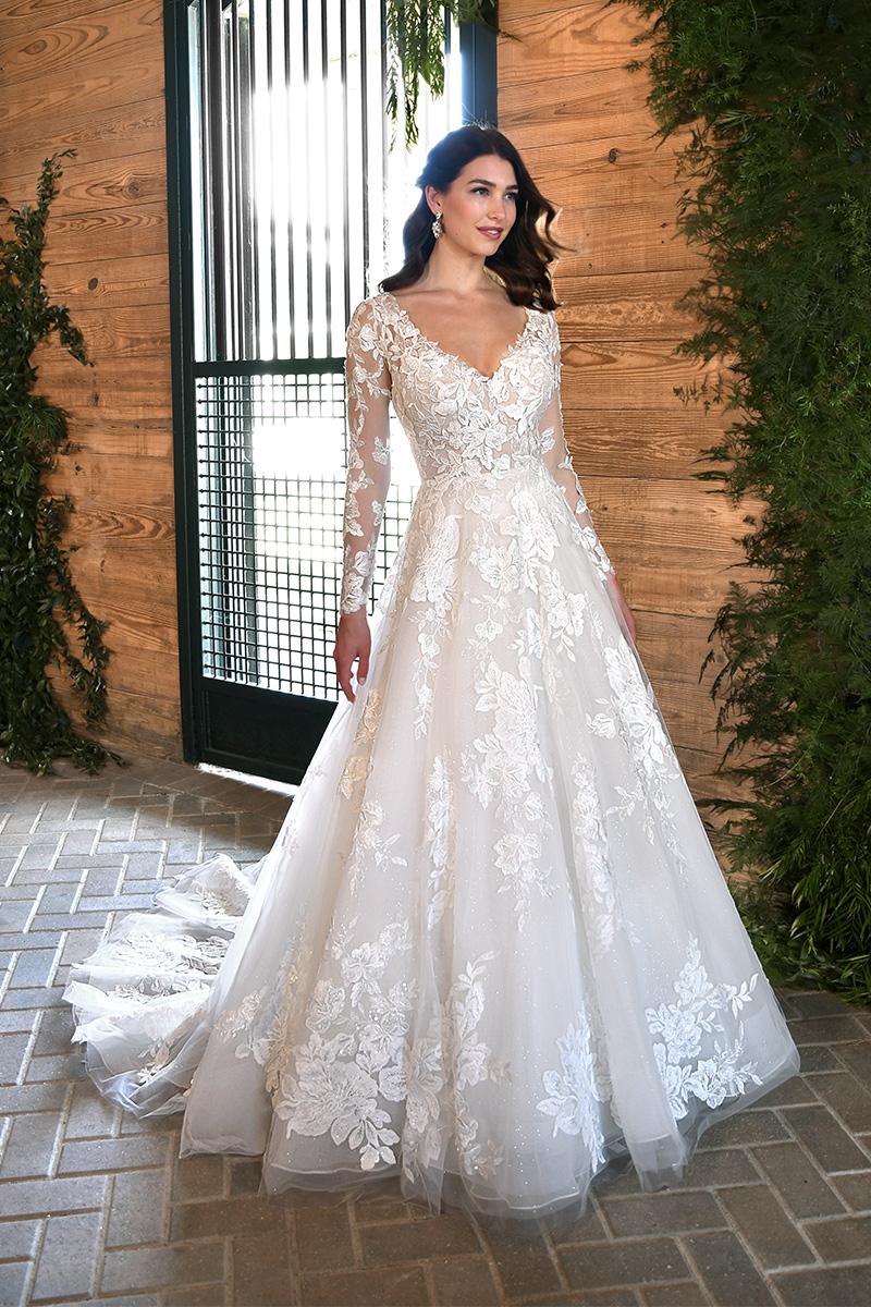 essense of australia long sleeve wedding dress Long Sleeved Ballgown with Floral Lace