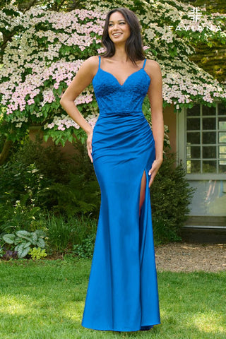faviana 11002 satin long dress with beaded lace appliqu Look stunning and fabulous in this Faviana 11002 stretch satin dress Featuring a ravishing beaded lace applique, a v-neck, and an open back