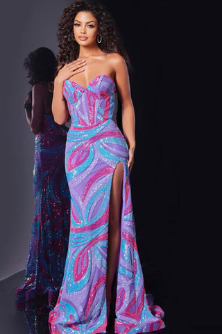 jovani fashion prom dresses Tiered Long A-Line Dress with Sequin Print Royal / 0 The Jovani 39305 is a glamorous ball gown designed for maximum impact Emerald Green Jovani Sequin Prom