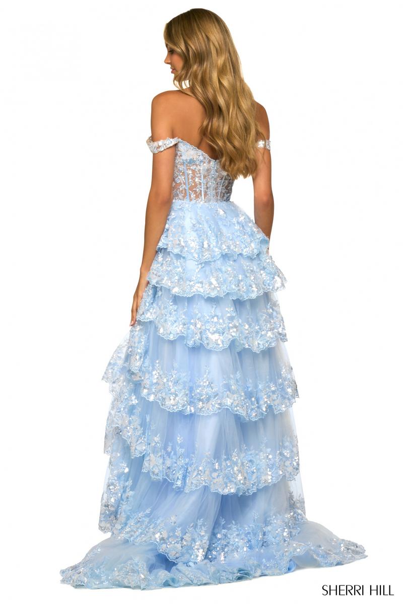 sherri hill prom dress 55500 Women's Formal Evening & Wedding Guest - Light Blue fitted lace corset bodice and cap sleeves Sherri Hill 55500 Layered Skirt