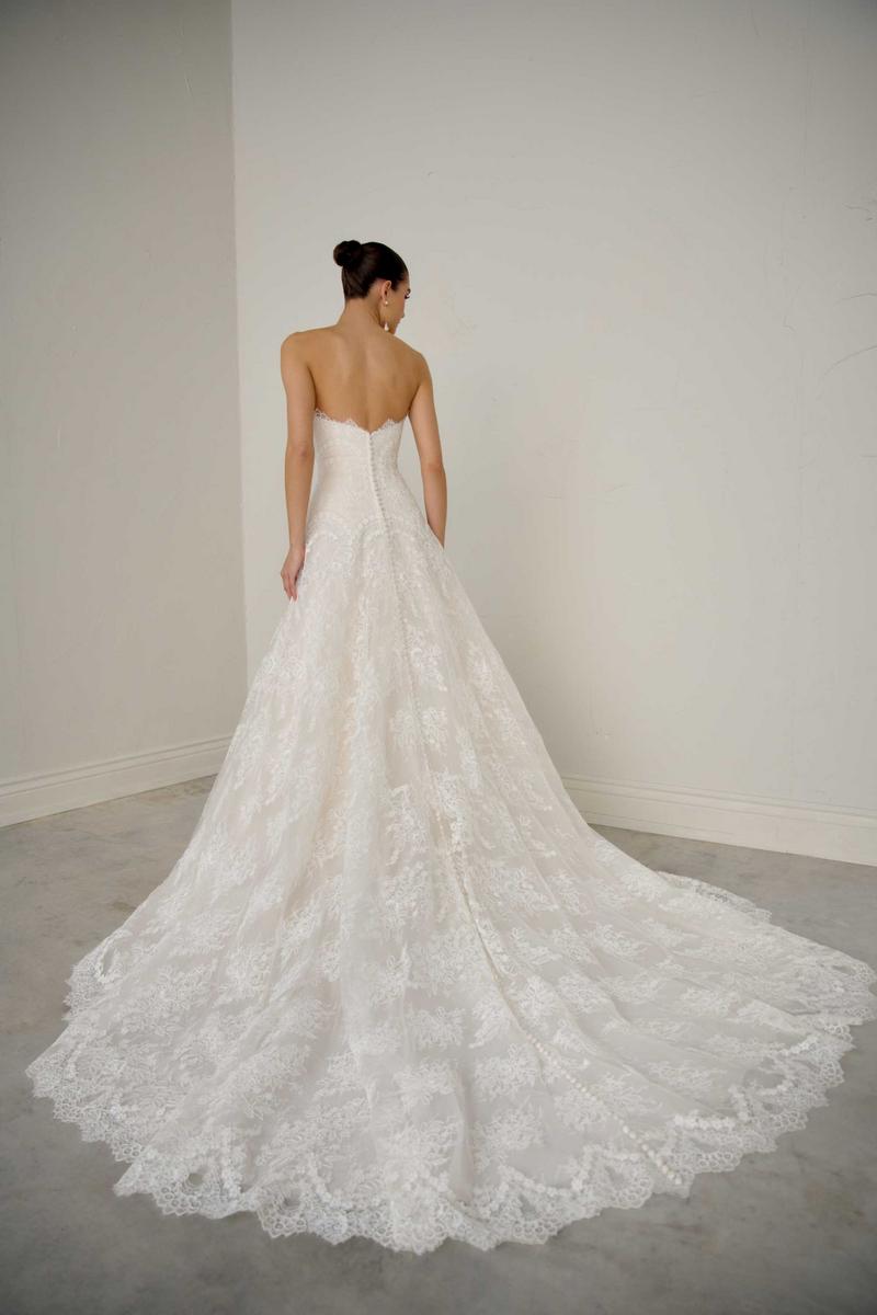 justin alexander backless wedding dress Gwinn: Strapless Charmeuse Fit and Flare Wedding Dress with Scooped Neck