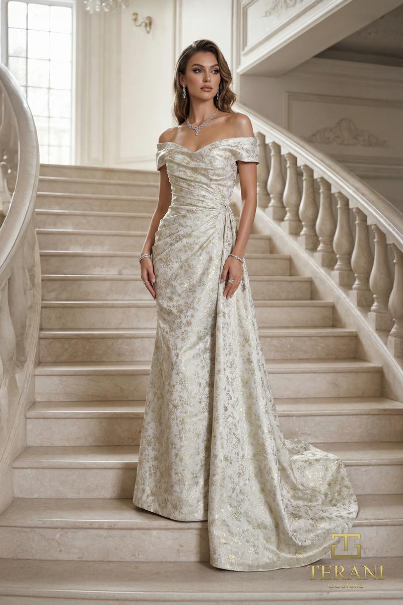 terani formal dresses Glamorous Off-Shoulder Sheath Slit Evening Matte Satin Dress 251E4204 by Couture RED / 22 and special occasion dresses. Terani Evenings Dress 262E7537